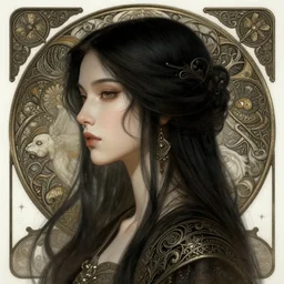 beautiful Asian girl 3/4 profile portrait, dark fantasy esoteric , closeup, D&D, fantasy, intricate, elegant, highly detailed, digital painting, artstation, concept art, matte, sharp focus, illustration, art by Artgerm and Tom Bagshaw and Greg Rutkowski and Alphonse Mucha