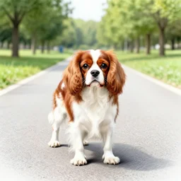 cavalier king charles spaniel, on a road in a park on a sunny day, ink and red pencil