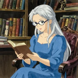 A silver-haired sorceress wearing an azure gown and spectacles reading in her cluttered study, beautiful face, highly detailed, Japanese watercolor, Makoto Shinkai and Studio Ghibli anime screenshot, by Ilya Kuvshinov and Alphonse Mucha and Andrei Riabovitchev
