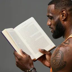 professional close up shot photograph of lebron james reading a book while in an nba game, award - winning photograph, highly detailed, dramatic posing, 8 k quality, high quality