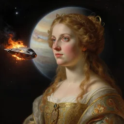 epic portrait an space ship burning on fire in space near an gas giant planet, stars, dark, glowing, digital painting, artstation, concept art, soft light, hdri, smooth, sharp focus, illustration, fantasy, intricate, elegant, highly detailed, D&D, matte painting, in the style of Greg Rutkowski and Alphonse Mucha and artemisia, 8k, highly detailed, jurgens, rutkowski, bouguereau, pastoral, rustic, georgic