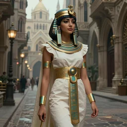 sophisticated composition, old masters light composition, procedurally generated, epic maid girl character posing for concept art, gothic city streets behind her, costume design from ancient egyptian designers, substance designer, PBR, HD, Ultra detailed, hyperrealistic, megascans, volumetric light, concept by master artist, made in paint tool SAI2, trending pixiv face