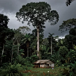 a small shack in a clearance in the amazon forest huge tropical trees, dark, atmospheric, stormy weather, ansel adams 1 9 5 7