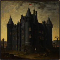 painting of mysterious black castle  by George Stubbs, zdzisław beksiński, renaissance painting, oil painting, old master