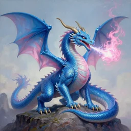 a dragon in the colors of the transgender flag, breathing blue and pink fire, standing on a mountain, hyperrealistic, highly detailed, intricate, elegant, smooth, dnd, fantasy art, concept art, oil painting by greg hildebrandt and tim hildebrandt and greg rutkowski