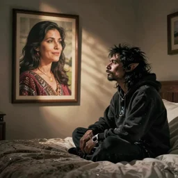 a goon named HurfDurf sitting in bed looking longing at a picture of my mom