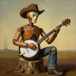 country bumpkin robot, playing a deering banjo, sitting on a stump, high detail, tyle of salvador dali, painting by rene magritte, trending on artstation, retrofuturism, style of michael cheval, hyper realistic, s, 8 k
