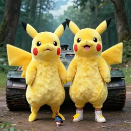 a small african boy and an girl wearing a pikachu costume, movie still from tank girl, wide angle shot, ultra detailed, portrait, in the style of studio ghibli and roger ballen,