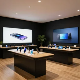 copic art, lofi aesthetic ( ( ( serious grounded balanced muted flagship samsung store, black walls. timber floor. low ceilings with spots. curved furniture, with large digital screen. display tables with phones and tablets, pots with plants, large digital screens on the walls ) ) )