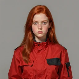 portrait of a woman by greg rutkowski, she is about 2 0 years old, redhead, long straight hair, beautiful oval face, wearing red and black utilitarian jumpsuit, older sister vibes, highly detailed portrait, digital painting, artstation, concept art, smooth, sharp foccus ilustration, artstation hq.