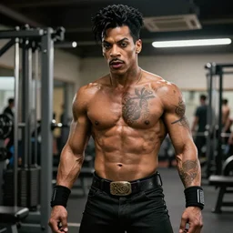 the artist formerly known as Prince with the physique of a body builder, realistic, detailed, cinematic, dynamic lighting, photorealistic, refined, intricate, digital art, background a gym, masterpiece, 8k