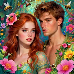 young beautiful woman, handsome man, eve and adam in the garden of eden, gorgeous face, vaporwave aesthetic, synthwave, colorful, psychedelic, artstation, flowers, bees, smooth, extremely sharp detail, finely tuned detail, 8 k, unreal engine 5, ultra sharp focus, illustration, art by artgerm and greg rutkowski and alphonse mucha