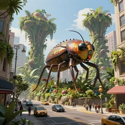 an concept art illustration, photorealistic, fantasy large insect biomes in a downtown street, large plant biomes, ultra realistic, style by wlop, trending in artstation, cgsociety, octane render, ultra sharp, concept illustration, digital painting, 8 k, unreal engine