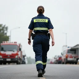 female paramedic walking away, professional photography, view from ground looking up, wide lens, highly detailed, brave, powerful