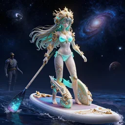bikini anime girl bioluminescent paddleboarding through deep space by highway man painting, stars, galaxies, photorealistic, high resolution, vray, hdr, hyper detailed, insane details, intricate, elite, ornate, elegant, luxury, dramatic lighting, octane render, weta digital, micro details, 3 d sculpture