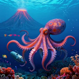 volcanoes under the sea, octopus gripping submarine, bright neon colors, highly detailed, high resolution, cinematic, eyvind earle, tim white, philippe druillet, roger dean, lisa frank, aubrey beardsley, hiroo isono, ernst haeckel