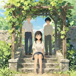girl sitting on a stone stair under a vine rack, illustration concept art anime key visual trending pixiv fanbox by wlop and greg rutkowski and makoto shinkai and studio ghibli