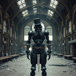 a creepy steampunk mechanical metal man with a hunched - back, ww 1 era gas mask, and wearing a top hat stands alone inside a bombed out, desolate grand central station, post apocalyptic, trending on artstation