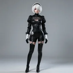 a fullbody portrait of slender a 2 from nier automata, short white hair : : in a black latex catsuit, long sleeves, turtleneck : : cosplay, photgraphy, studio photography, real lighting, realistic, hd : :