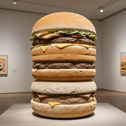 stacked stone sculpture of a Mcdonalds hamburger by Devin Devine. gallery photograph, indoor lighting
