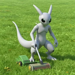 Mewtwo mowing the lawn, surrealism, trending on artstation, 4k