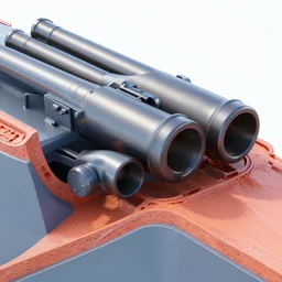Cross section of a ship gun with 6 barrels, high quality , 4k