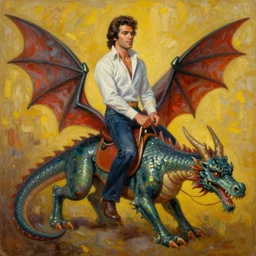 oil painting julio iglesias riding a dragon