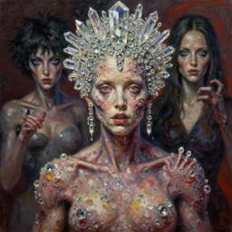 expressive oil painting, of helena bonham carter mixed with sigourney weaver, bumpy mottled skin full of crystals, ornate headpiece made from crystals, body horror, by yoshitaka amano, by greg rutkowski, by jeremyg lipkinng, by artgerm, digital art, octane render