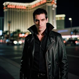 35mm kodak portra portrait of a shadowrun vampire on the Las Vegas strip at night by tomer hanuka and tom bagshaw, handsome face, hyper realism, high detail, octane render, 8k, trending on artstation, CGsociety, concept art