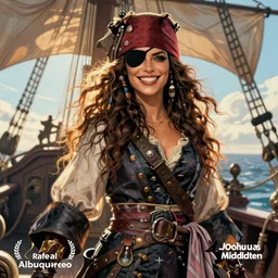 Rafeal Albuquerque comic art, Joshua Middleton comic art, pretty female Phoebe Tonkin, pirate, black cloth medical eye patch over left eye, evil smile, pirate clothing, long wavy hair, full body, on a pirate ship, sunny weather