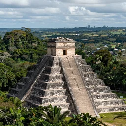 A pyramid in a South American rainforest. The photo is from the top of the pyramid looking out toward the horizon, award winning landscape photography