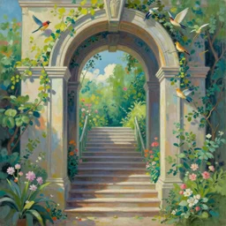 Beautiful oil painting archway and stairs leading to a dream fantasy and garden with birds, painted by greg rutkowski, makoto shinkai,thomas kinkade, colorful, neo classical style,4k,Trending on artstation.