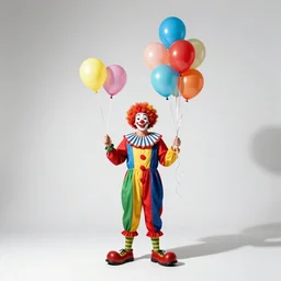 cheerful clown with balloons, studio photography, full body, standing, isolated on a pure white background, centered, whole figure in frame, sharp focus, studio lighting