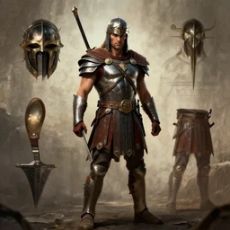 Character design sheet of Gladiator, cinematic lighting, dramatic atmosphere, by Craig Mullins, 4k resolution, trending on artstation