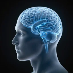 half-face The head with blue semi-transparent brain, light