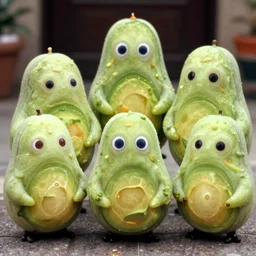 full color still of the group photo of cute guacamole slimes, 150mm lens by David Cronenberg, grainy 1985 cinematography