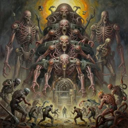 oil paint of 1 1 horrifying machines as mainframe terror or evil inside flayed gods in tiers, colossal medical gangrene machines in tiers, dethroning / we machines / melee, battle pit, by shigeru komatsuzaki, wayne d barlowe, stefano tamburini, ember light, muted colors, epic, hyper detailed, awe inspiring, award winning horror, narrative