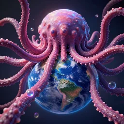 close - up photo center view of the planet earth surrounded of big and long tentacles being consumed by a massive chtulu mandelbulb xenomorph, vibrance color scheme, by wlop by jungyeonmin and james jean jhonseru jsezz artstation and greg rutkowski, biomechanical, lens orbs, global illumination, volumetric lighting, fine details, japandi, hyperrealist, micro details, vray
