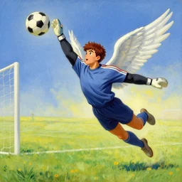 goal keeper flying to catch a soccer ball with wings, rennasainse painting