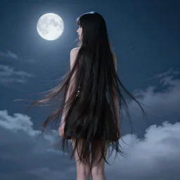 fantasy beautiful leg long hair girl, portrait back view, cloud sky and moon night background, high detail, cinematic lighting, concept art, digital art