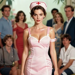 brittany venti as a glamorous and sexy nurse in chemisier, beautiful, pearlescent skin, natural beauty, seductive eyes and face, elegant girl, natural beauty, very detailed face, seductive lady, full body portrait, natural lights, photorealism, summer vibrancy, cinematic, a portrait by artgerm, rossdraws, norman rockwell, magali villeneuve, gil elvgren, alberto vargas, earl moran, enoch bolles
