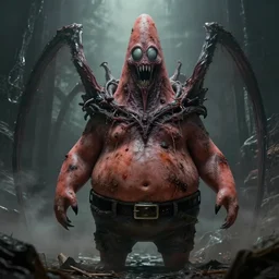 patrick star as an eldritch horror, hyper realistic, detailed, grotesque, grimy, cinematic lighting, epic, epic scale