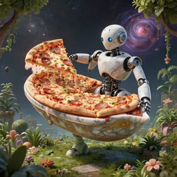 beautiful digital fantasy illustration of a robot in a garden, surreal, beautiful, insane detailed, layered pizza dream boat floating in the cubic space of cosmic terror, highly detailed, soft lighting, rendered in octane, masterpiece, very very very aesthetic, exquisite marble details