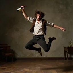 a portrait of a man boisterously dancing around the room by himself holding an empty wine bottle as he jumps in the air, fine detail, dramatic lighting, award-winning photo UHD, 4K, (by Leonardo da Vinci)
