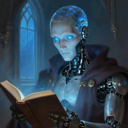 portrait of a robot wizard reading, blue bright eyes, see - through scalp, glowy blue, window, intellectual, sofisticated, fantasy, highly detailed, digital painting, artstation, concept art, character art, art by greg rutkowski and tyler jacobson and alphonse mucha