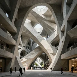 very complex sophisticated architecture, full of geometry, parametric, generative, engineering, concrete, algorithmic design, flow, people, street view, octane render, vray, artstation, unreal engine.