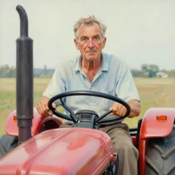 high quality high detail painting by norman rockwell, hd, old man on tractor, big eyes, muted pastel colors, photorealistic lighting