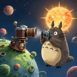 a small totoro on an exotic planet photographs the sun with an old camera, steampunk, colorful, artstation, many trees, water, fantasy creatures, flora, flowers, grass, animals