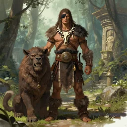 portrait of fantasy human savage barbarian warrior wearing ancient barbarian clothes and eye - patch and necklace made from human bones, big beast pet sitting next to him, forest temple in the background, illustration concept trending pixiv fanbox by wlop and greg rutkowski and caravaggio and rosa bonheur, and william harnett