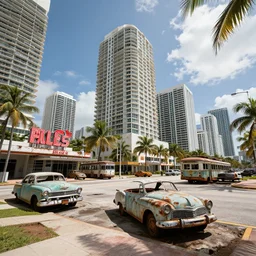 low wide angle shot of dilapidated fallout 5 miami, tropical coastal cityscape, desolate, dilapidated neon signs, few rusted retro futuristic vintage parked vehicles like cars, buses, trucks, trams, sunny weather, few clouds, volumetric lighting, photorealistic, daytime, spring, sharp focus, ultra detailed, 4 0 0 0 k